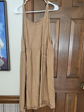 Sleeveless Checked Midi Apron Dress in Tan